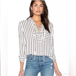 WAYF Stripe Long Sleeve Criss Cross Tie Detail Flowy Blouse Top White Blue